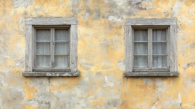 Aged yellow stucco wall with weathered wooden windows