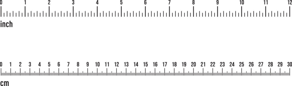 Metric Imperial Rulers. Size indicator units. Scale for a ruler in inches and centimeters. Measuring tool. Vector illustration isolated on white background.