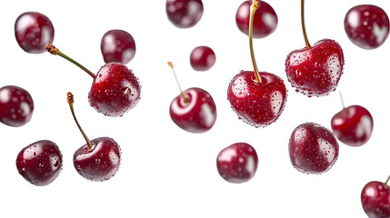 Cherries floating in the air, isolated on transparent background