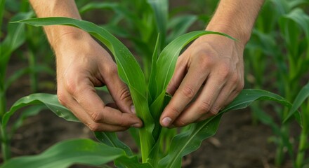 Farmer examining young corn plants