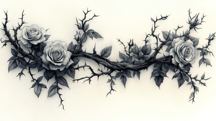 A delicate, thorny rose branch, in grayscale