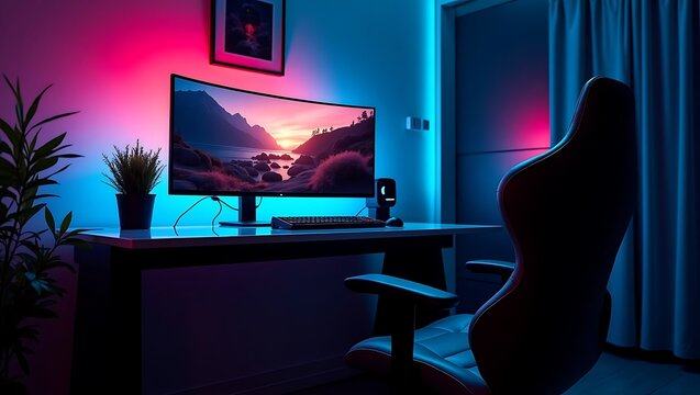 Modern gaming setup featuring curved monitor and aesthetic rgb lighting design