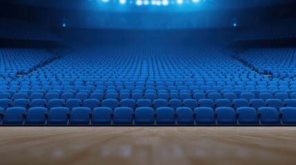 Empty blue seats in auditorium stadium or theater rows of chairs performance venue stage presentation background