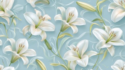 Delicate white lilies bloom against a calming blue backdrop, intertwining with gentle green leaves, perfect for enhancing any space with a touch of nature's beauty