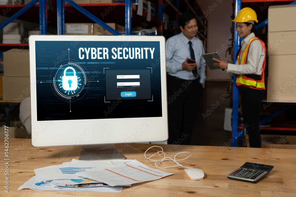Poster cyber security system on computer screen protect private information snugly from hacker and cyber at