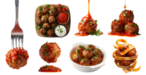 Set of marinara tomato sauce Ground mince meat ball meatballs, fork, wooden serve board, dish bowl, spaghetti twirl, drip pile grilled baked, beef pork on transparent cutout PNG. Mockup template