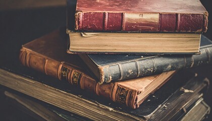 Old worn leather bound books stacked on top of each other, aged yellow pages vintage reading