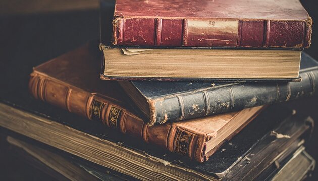 Old worn leather bound books stacked on top of each other, aged yellow pages vintage reading