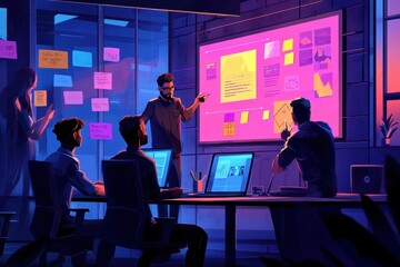 Brainstorming meeting in office with whiteboard and papers
