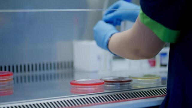 In a controlled laboratory environment, a microbiologist meticulously prepares Petri dishes using sterile techniques
