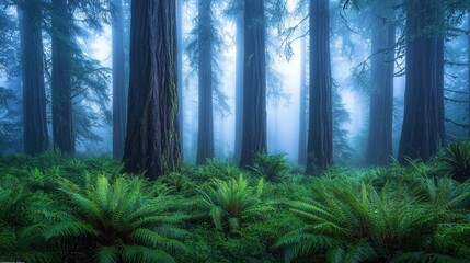Dense redwood trees rise high above a carpet of lush ferns in a misty forest. The serene atmosphere invites quiet contemplation among nature's beauty
