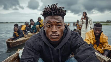 A Young Man Leading a Group in a Traditional Canoe on a River Under Overcast Skies