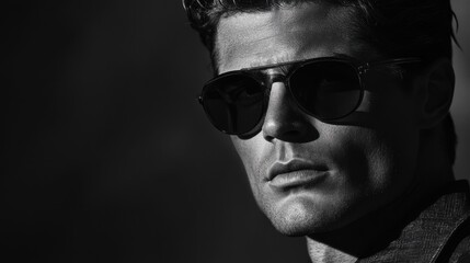 Obraz premium black and white portrait of a handsome man in sunglasses looking off to the side