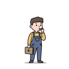 Fototapeta premium Young boy in overalls holding a briefcase, whistling thoughtfully while working, on a white background