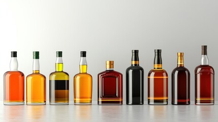 Variety of liquor bottles clear glass amber and brown colors row arrangement