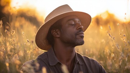 A man sits calmly among tall grasses in a field illuminated by the golden glow of sunset. He wears a straw hat and closes his eyes, embracing tranquility and nature's beauty