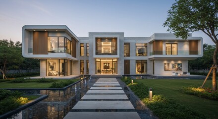 Modern Estate with Tranquil Garden - Luxurious modern home, curved lines, geometric shapes, serene water features, tranquil garden. Symbolizing: luxury, serenity, modern design, elegance
