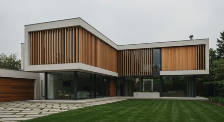 Obraz premium Modern House Design with Wood Accents - Clean lines, natural wood accents, spacious layout, large windows, and a modern architectural design create a tranquil and elegant home. Symbolizing serenity