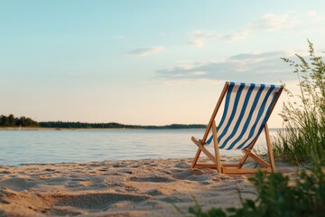 Summer beach chair on a sandy beach background