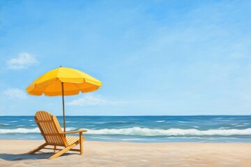Summer beach chair and umbrella on the sandy shore
