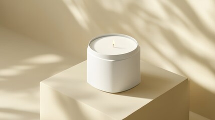 A white candle packaging box against beige plain background packaging mockup
