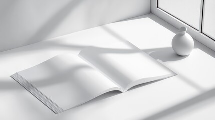 Open blank book and white vase minimalist still life photography