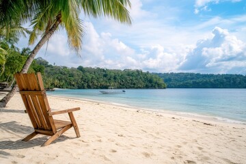 Summer beach chair under palm tree on tropical beach