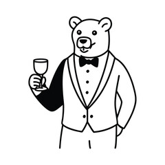 bear tuxedo holding a glass line art vector silhouette