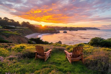 Fototapeta premium Two chairs overlooking the beach at sunset