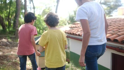 Young siblings collecting fresh eggs under maternal supervision, showcasing rural family bonding and sustainable agricultural lifestyle on small farmstead - Powered by Adobe
