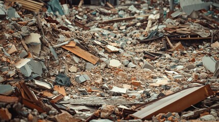 A urban scene filled with rubble and debris after a natural disaster or war