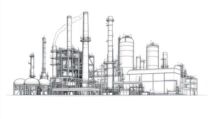 Obraz premium Industrial refinery complex line drawing illustration