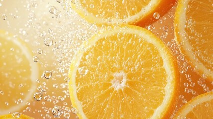 Vibrant orange citrus slices in sparkling water close up food photography