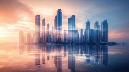 Real Estate Development and Investing: Financial Chart Indicators and Stock Market Graphs Overlaying City Skyscrapers - A Double Exposure Perspective