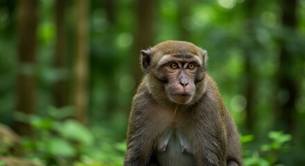 Fototapeta premium Monkey in Lush Green Forest - A close-up shot of a monkey sitting in a lush green forest, looking directly at the camera. Its fur is brown and grey