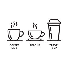 Black Mugs and Cups Silhouettes Clipart – Coffee Mug, Teacup, Travel Cup, Cozy Drinkware Set
