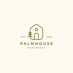 Minimalist Line art house and pine tree logo vector