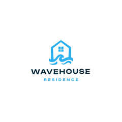 Beach house with wave logo design. Summer beach house logo design template.