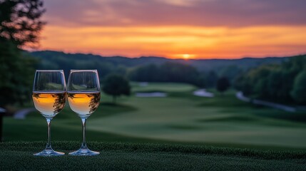 Two wine glasses on a golf course at sunset.  Golden light reflecting on the liquid