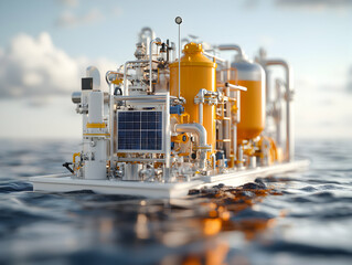 Floating offshore industrial module featuring tanks pipes and a solar panel on open water against a cloudy sky ideal for illustrating marine technology sustainable energy solutions and remote operatio