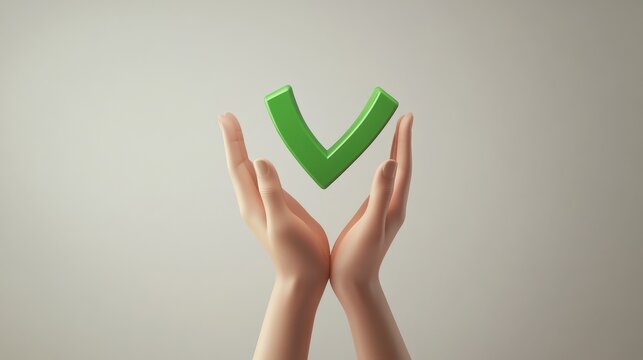 3D Illustration of Hands Holding a Green Check Mark Icon
