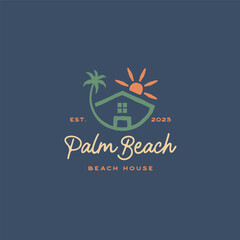 Vintage Hand Drawn Coastal House with Palm Tree and Sun Logo Design