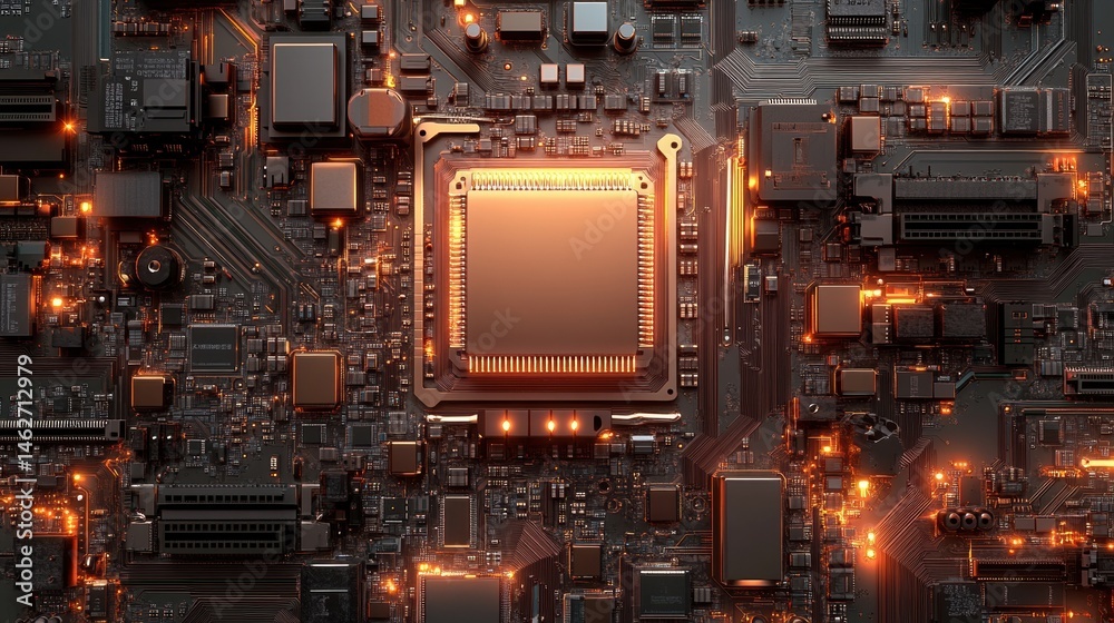 Poster a 3d concept of ai technology with a chip processor on a motherboard, symbolizing the connection bet