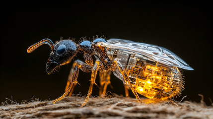 A detailed macro shot of a glowing robotic ant with intricate internal circuitry and clear shell. Ideal for science fiction concepts robotics and advanced biology themes.