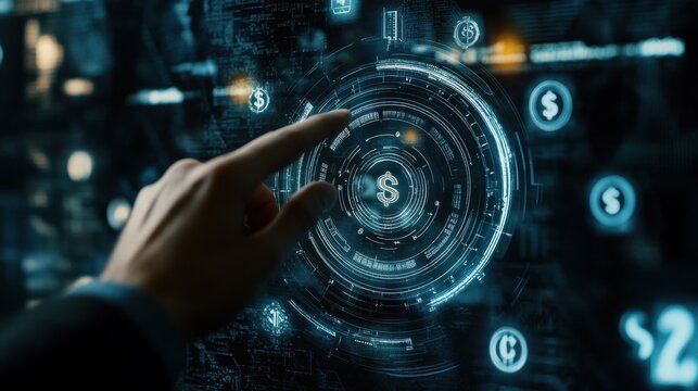 Online banking and digital money concept with man finger on virtual touch screen interface with central bank layout surrounded currency signs: dollar, euro, ruble and yen on abstract background illus