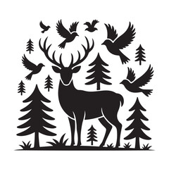 Obraz premium Black Wildlife and Forest Animal Silhouettes Clipart – Deer, Birds, Trees, Nature Icons Set