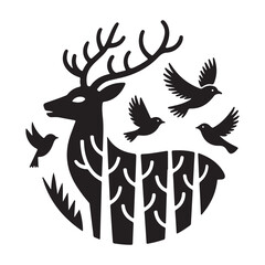 Black Wildlife and Forest Animal Silhouettes Clipart – Deer, Birds, Trees, Nature Icons Set