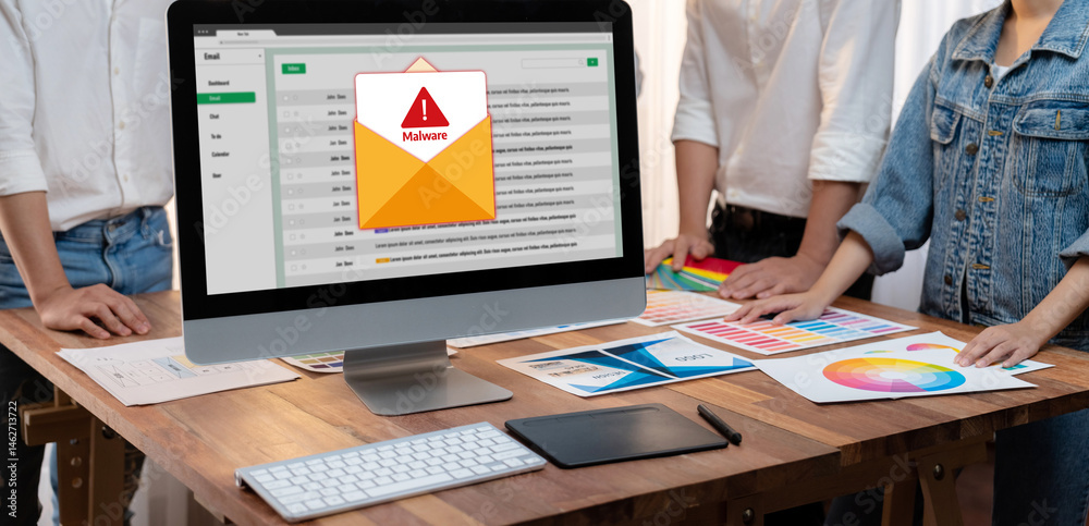 Aufkleber Cyber attacking concept. Malware alert showing on computer screen display scam and threat detection on computer system or online server to be removed brisk.