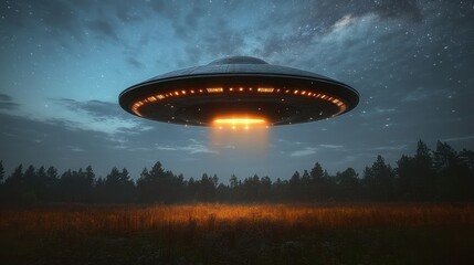 UFO hovering over a field at night