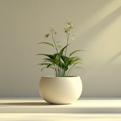 Minimalist white planter with flowers in sunlit room